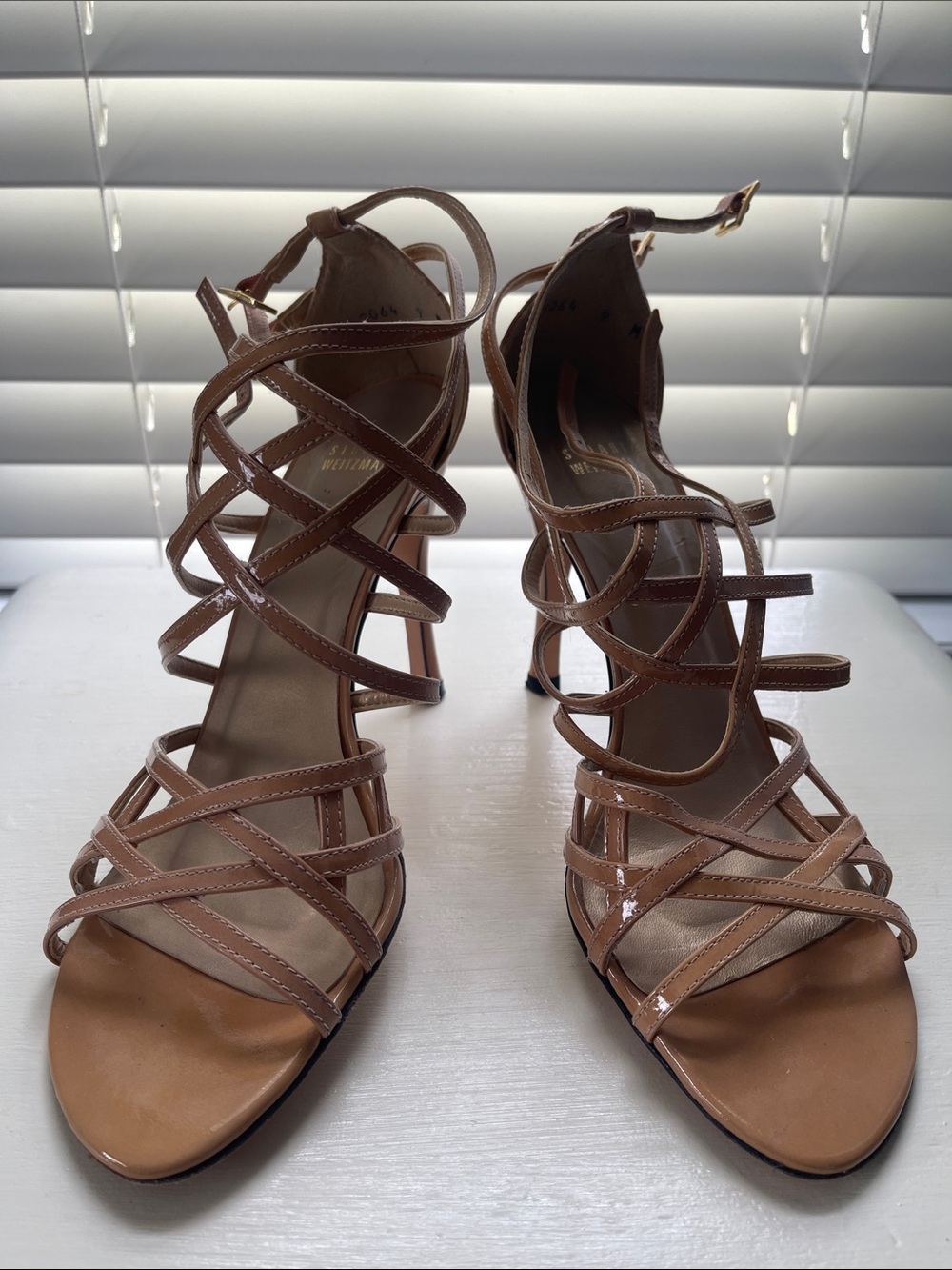 Stuart Weitzman Nude/Tan Patent Leather Strappy High Heel Sandals
